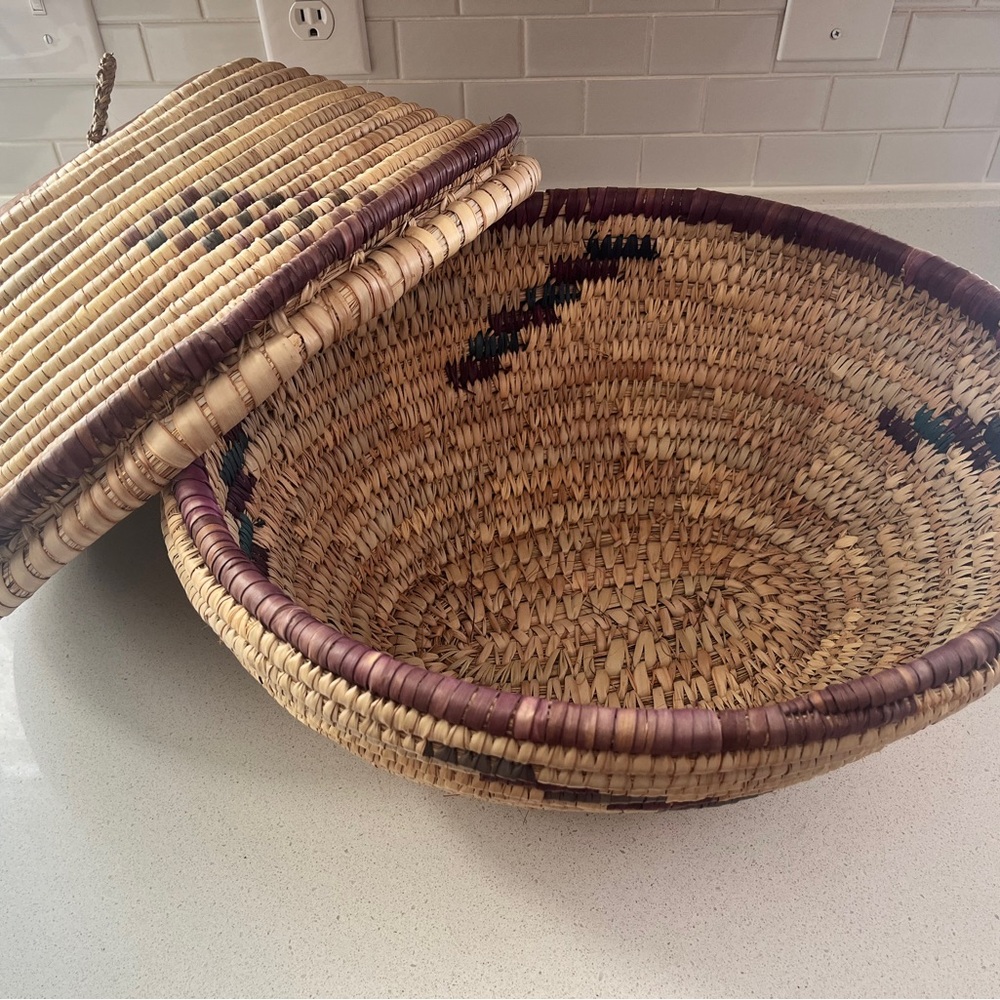 Source Unknown Woven Basket with Lid - Natural and Purple